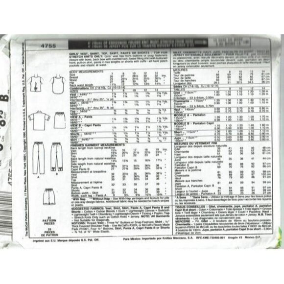 McCalls 4755 Girls Sewing Pattern Vest Shirt Tops Shorts Pants Sizes 7-10 - Picture 2 of 2